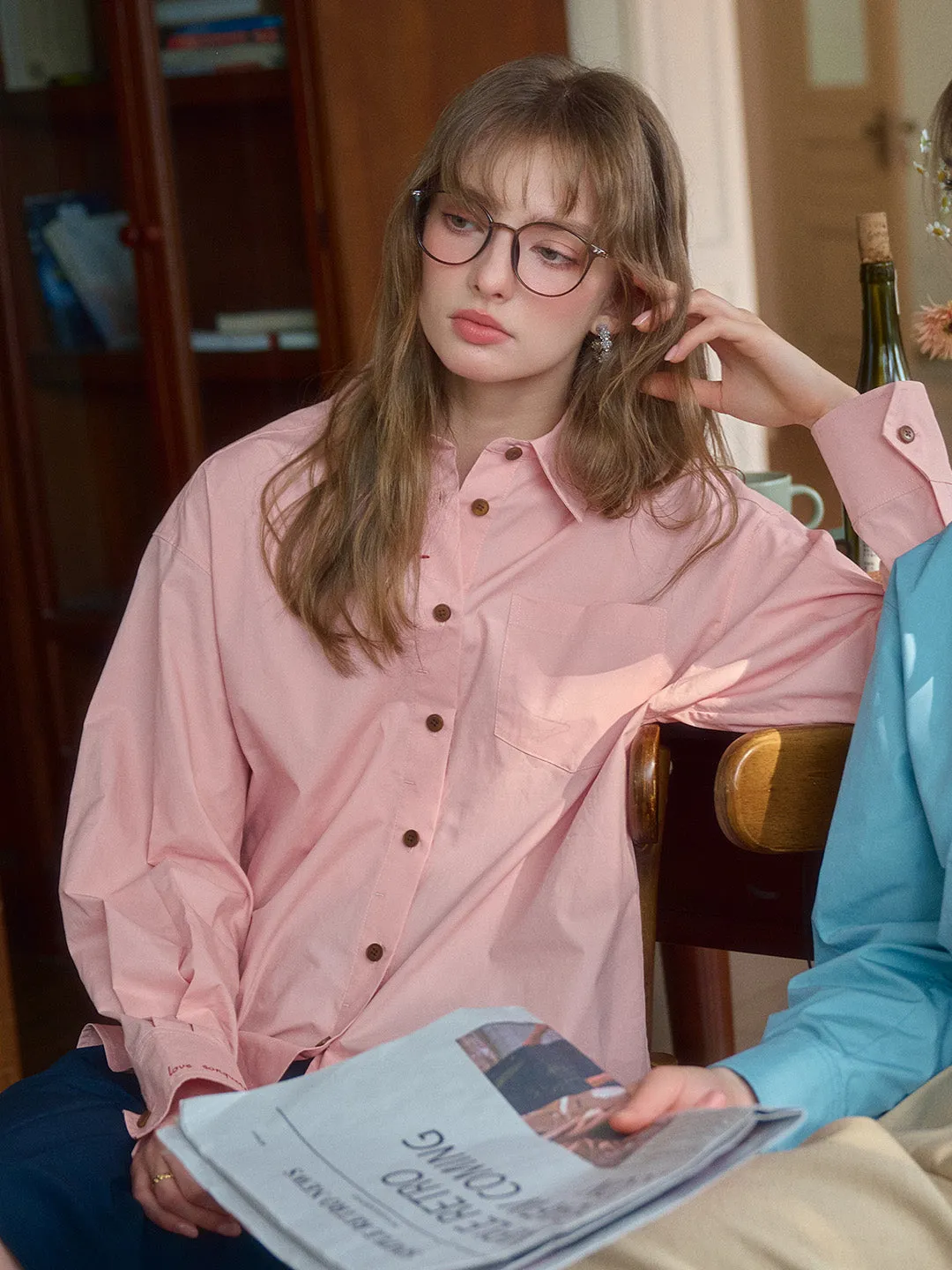 Claire Simple Lapel Pocket Blouse - Apricot Multipanel Construction
