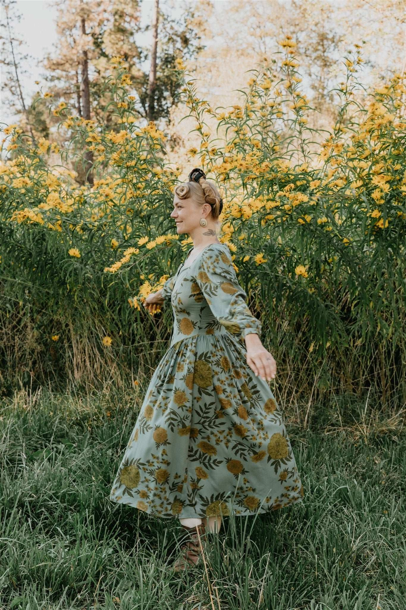 Rhinestone-Detail Prairie Dress in Slate Marigold