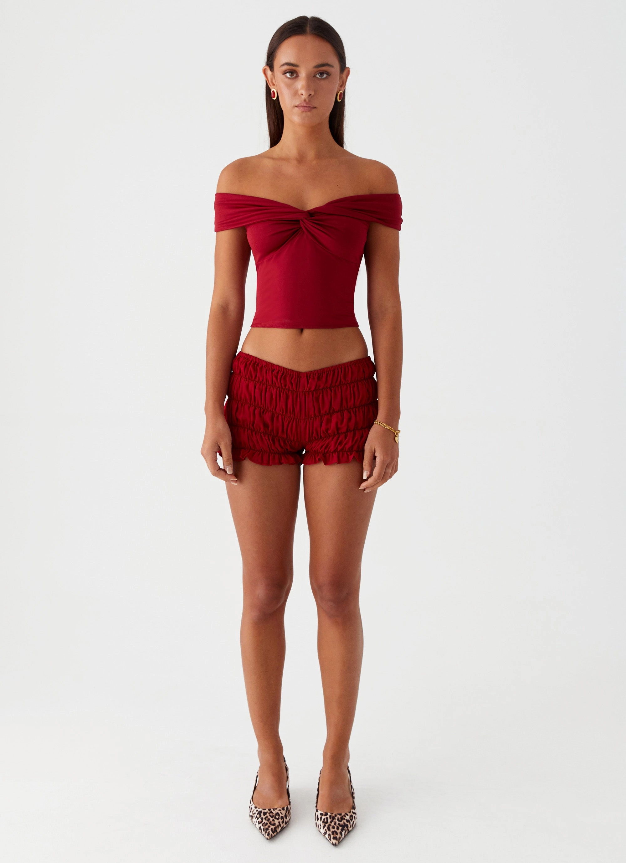 Sporty Tee Cool and Breezy Girls Like Us Ruched Mini Shorts - Maroon