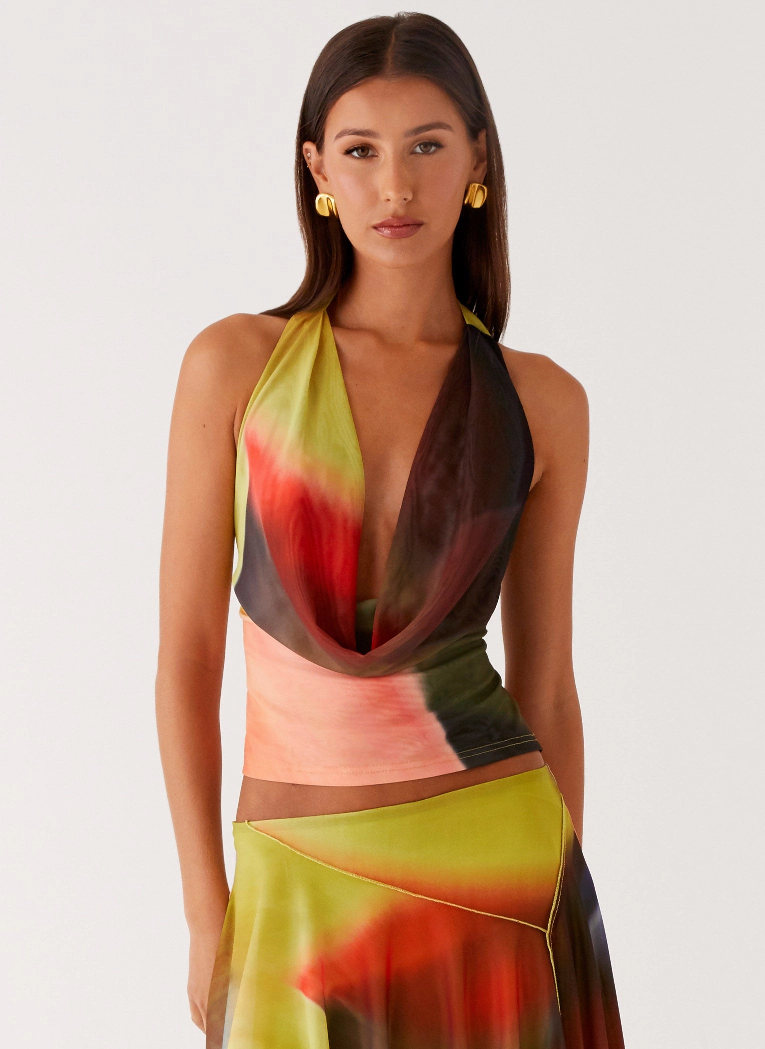 Reinforced Hemline HighNeckCut Lustra Cowl Top - Moody Floral