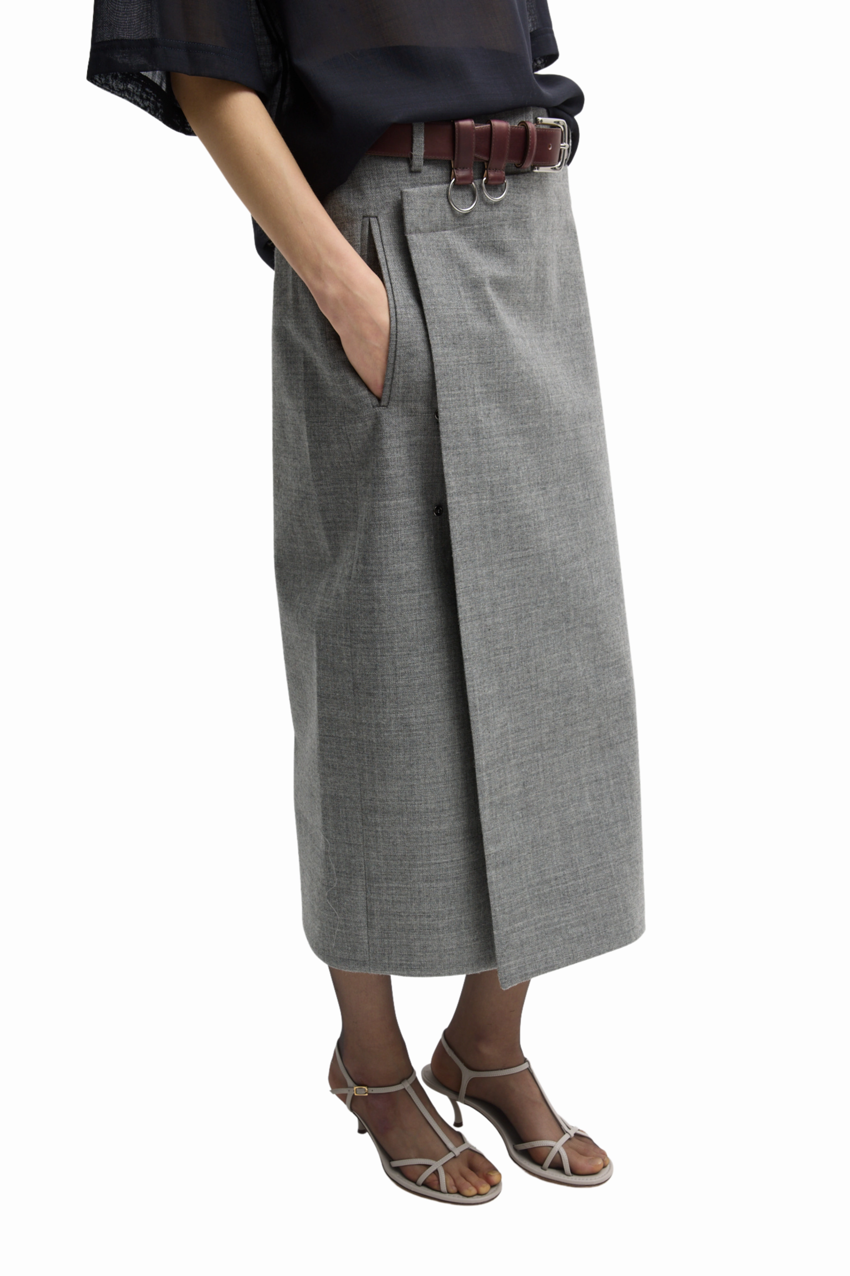 VNeck Style LatticeKnit Techy Bonded Wool Wrap Midi Skirt