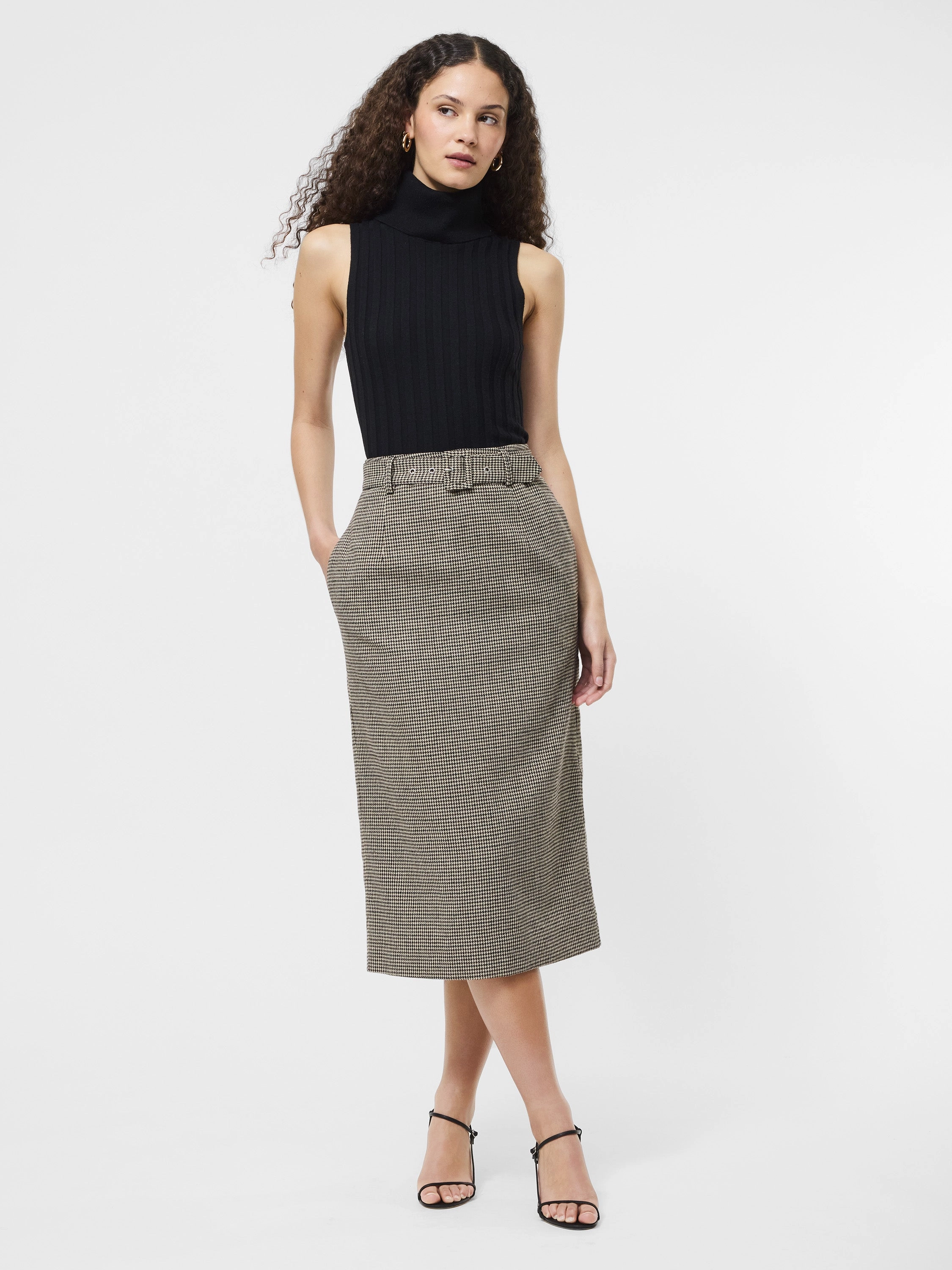 Houndstooth Belted Midi Skirt Double Stitched Calm Mood