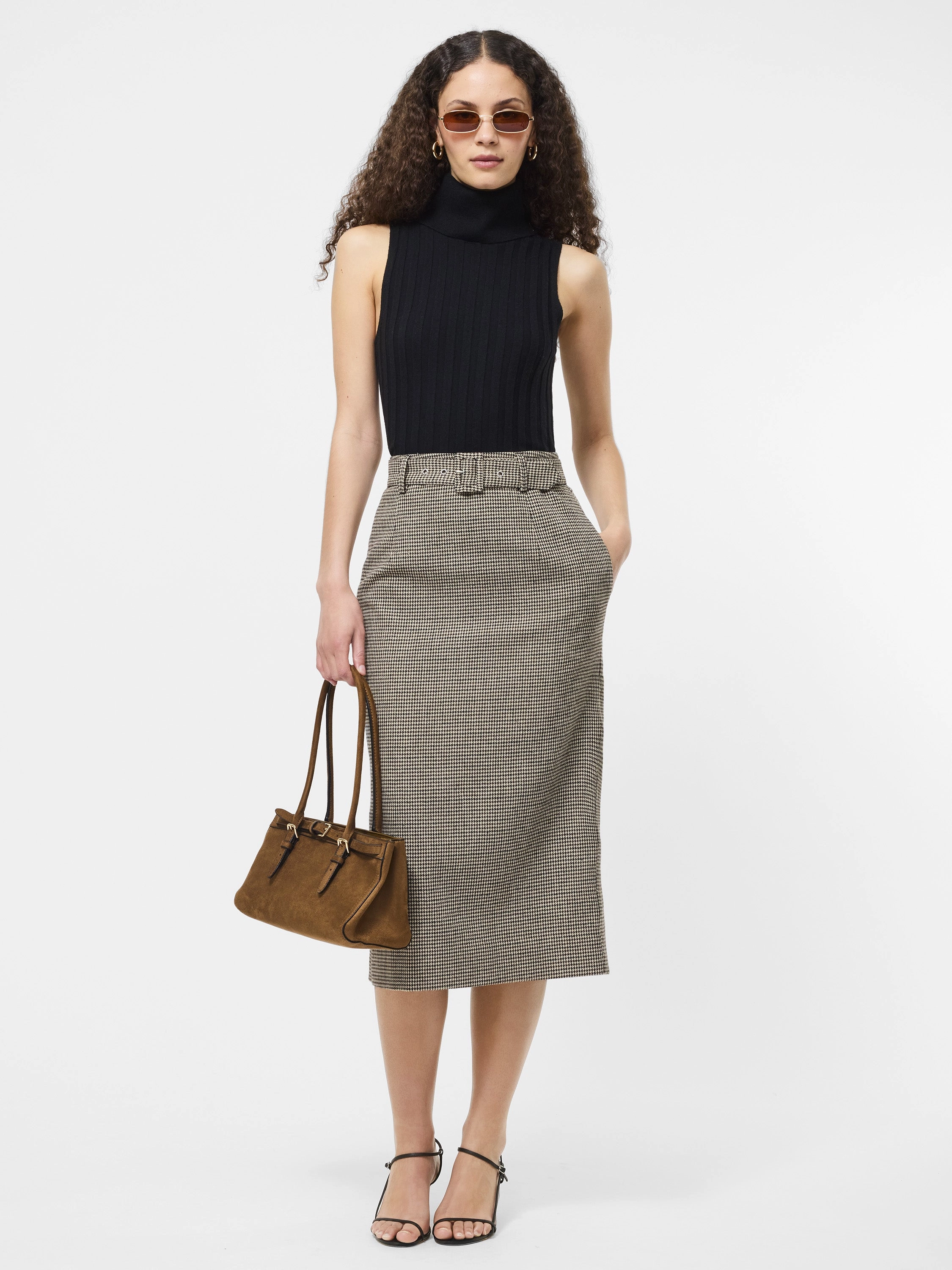 Houndstooth Belted Midi Skirt Flexible Motion
