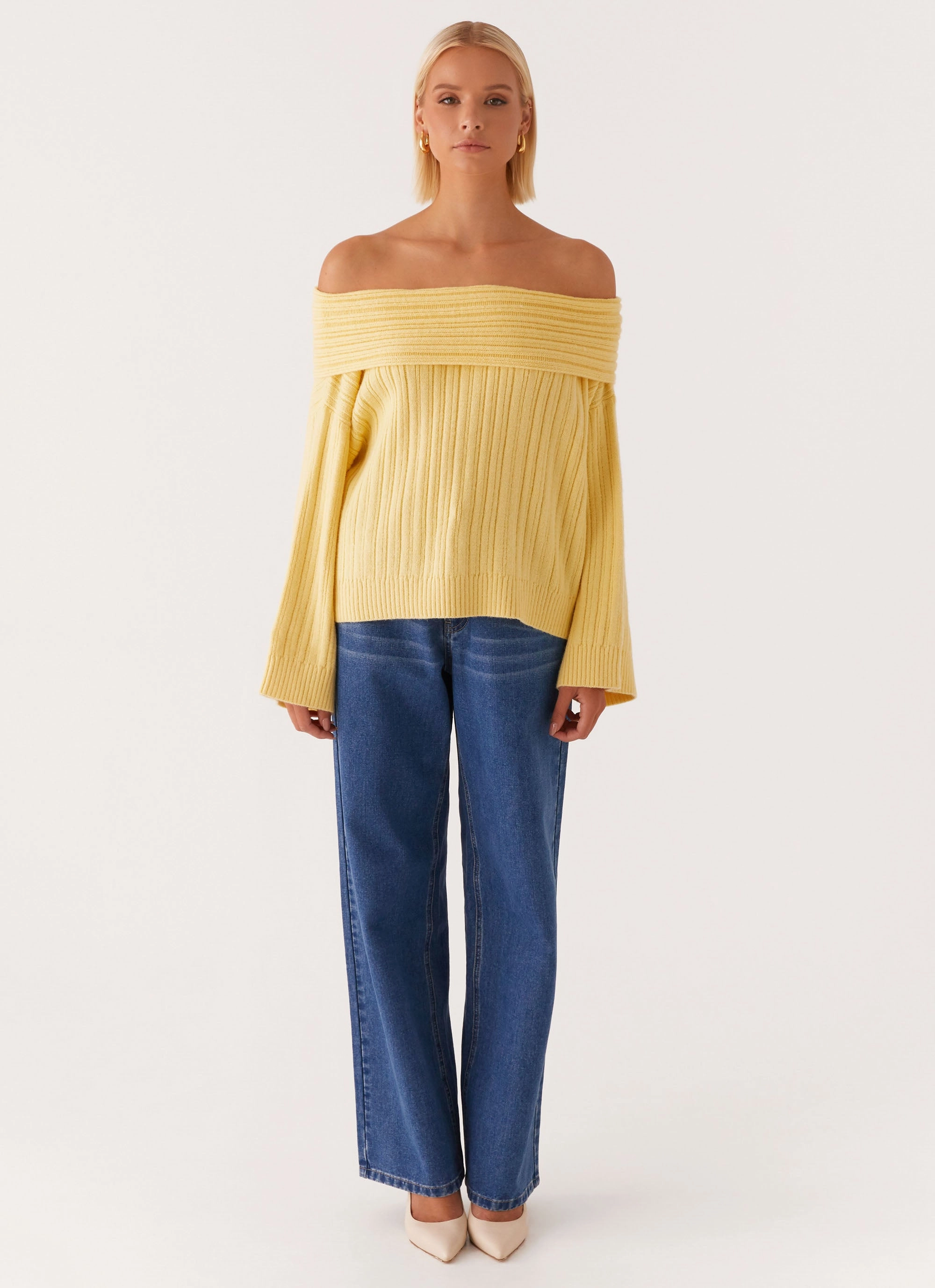 Federica Off Shoulder Knit - Lemon Changeable Style Soft Fleece Interior