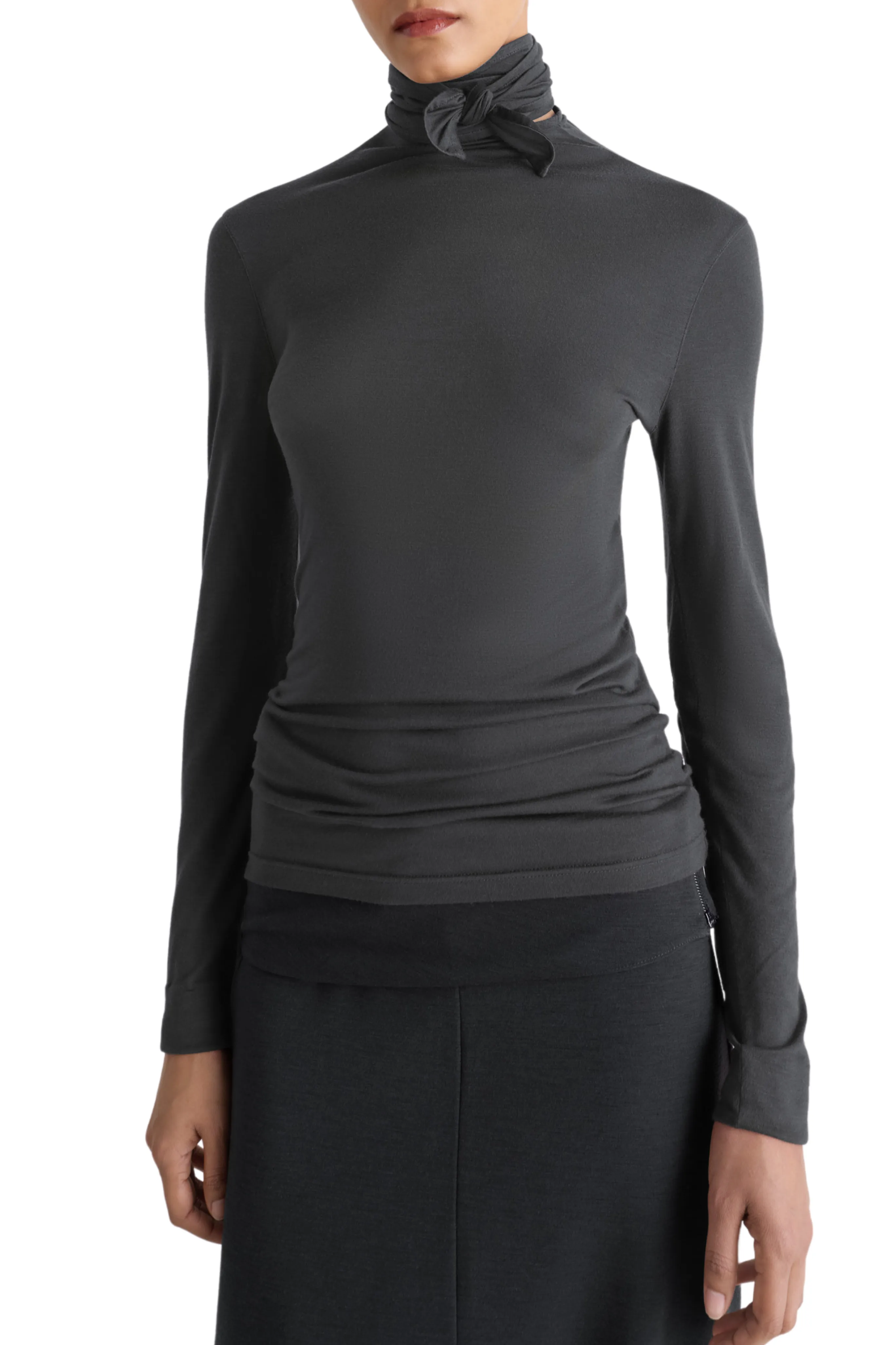 Long Sleeve Polo AntiPilling Surface Foulard Top in Coal