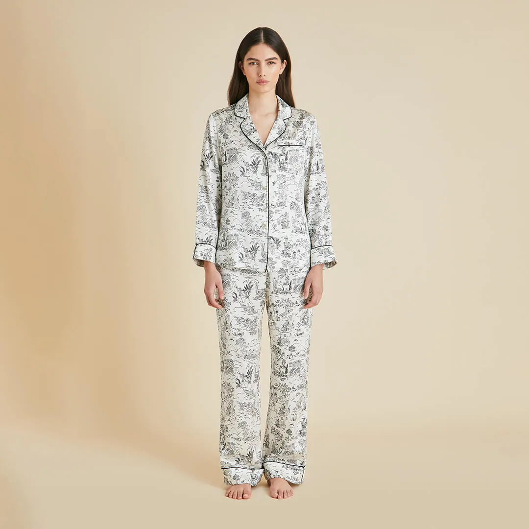 Lila Dioscuri Ivory Toile de Jouy Pajamas in Silk Satin