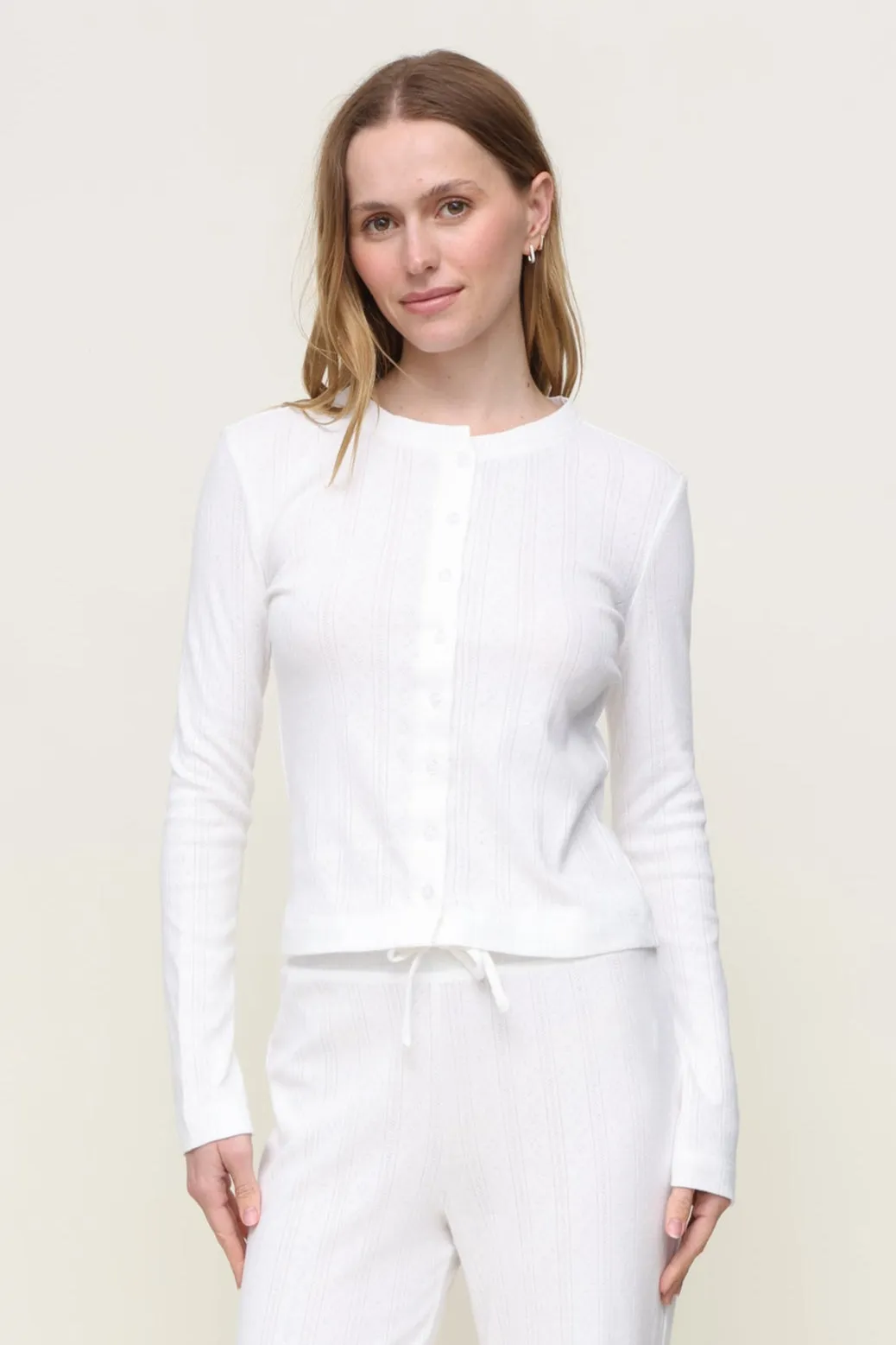 Lila Pointelle Long Sleeve Basic Wardrobe DoubleLayeredCollar