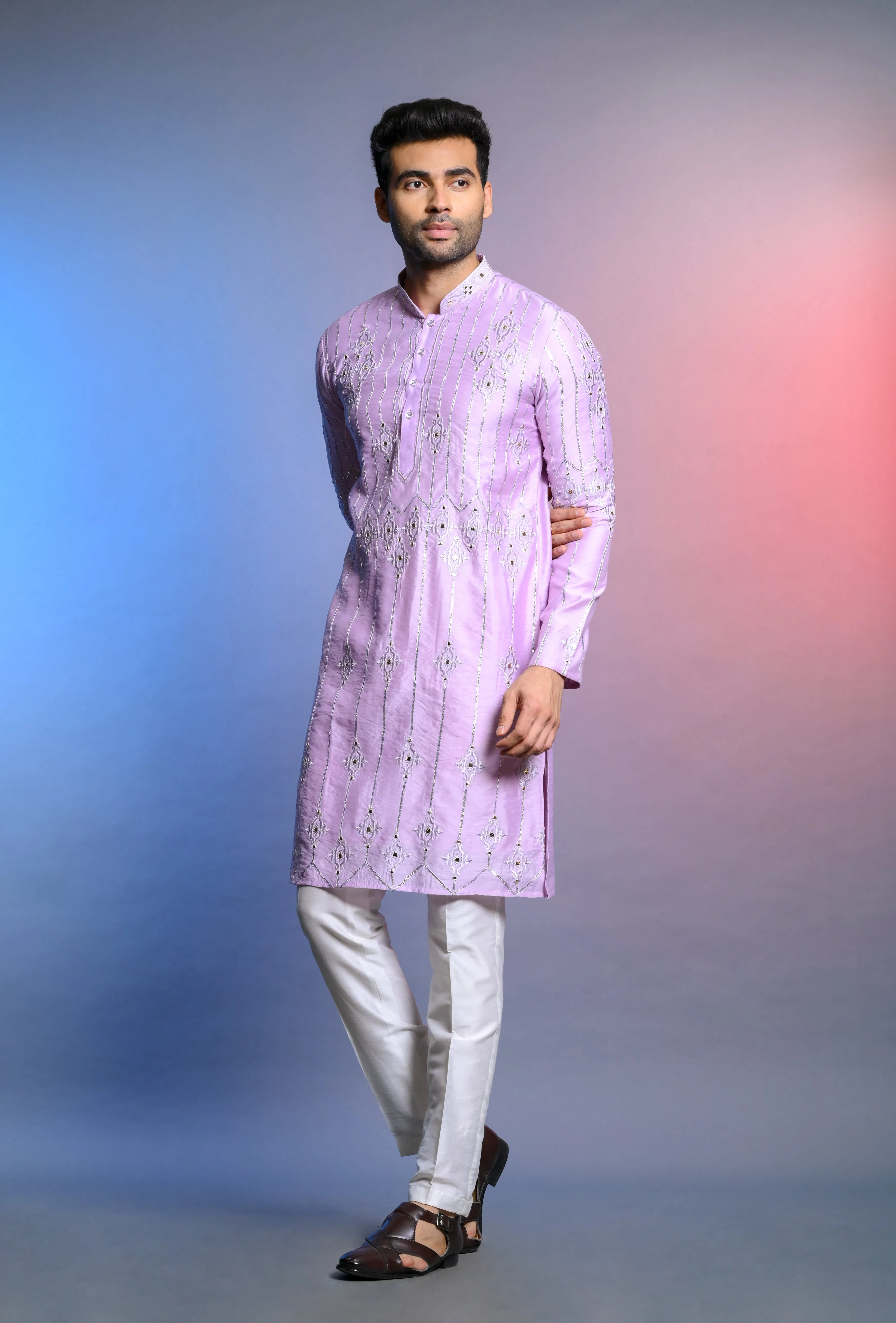Lilac Pure Silk Kurta Set WIth Resham Work