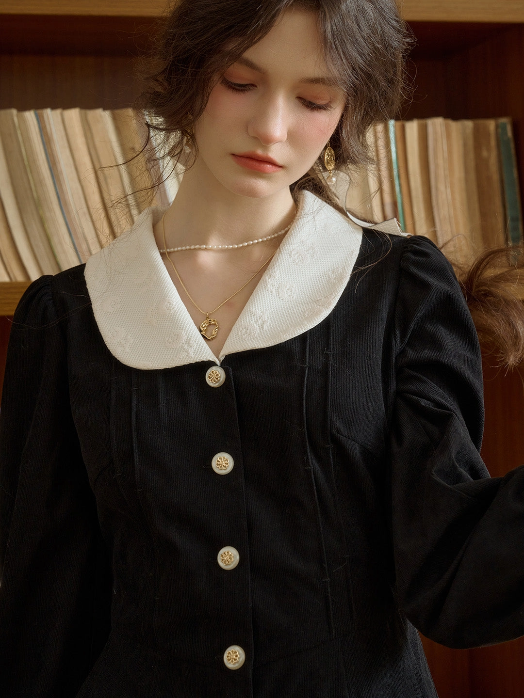 FlexibleKnit YarnDyed Stripes Lillie Retro Lapel Contrast Rose Lace Paneling Velvet Dress ThumbholeCuff