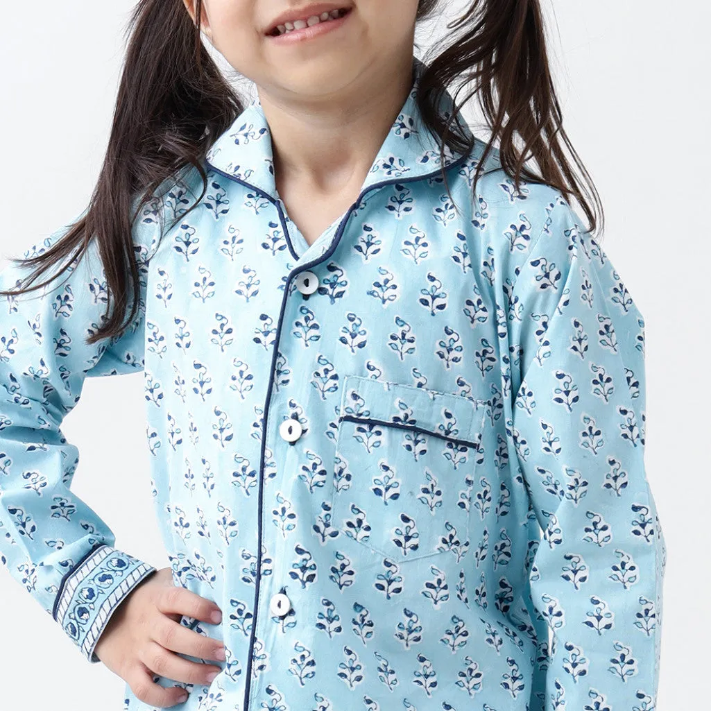 Lily Blockprint Pajama Set For Kids (English Blue)