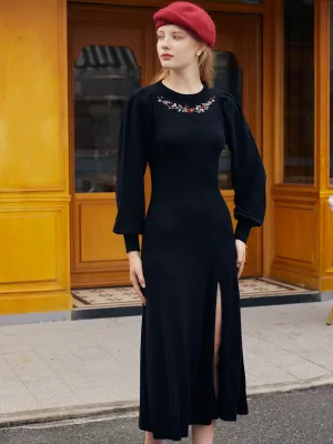 Lily Floral Embroidery Back hollow Split Sweater Dress AbrasionResistant Finish Office Attire