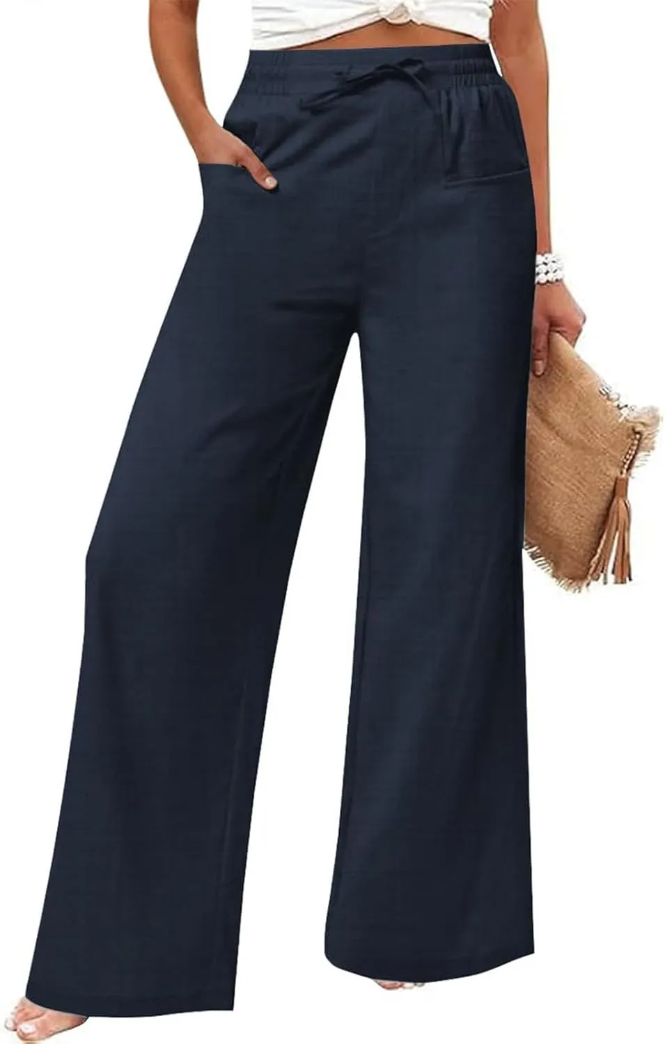 Linen Beach Pants Women Casual Summer High Waisted Wide Leg Pants with Pockets Lightweight Flowy Boho Trousers