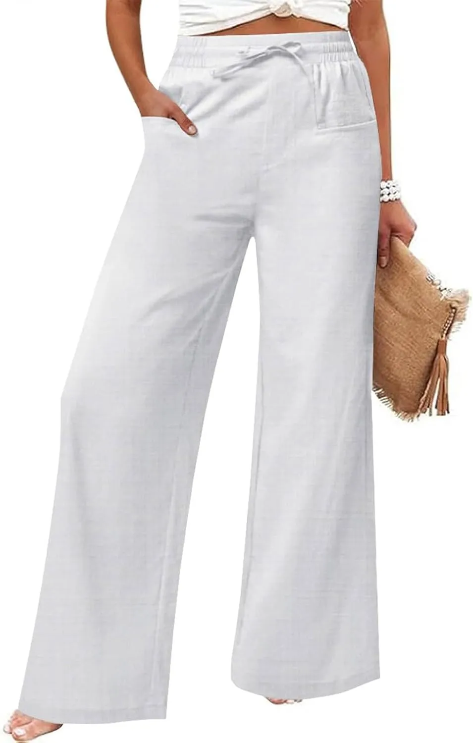 Linen Beach Pants Women Casual Summer High Waisted Wide Leg Pants with Pockets Lightweight Flowy Boho Trousers