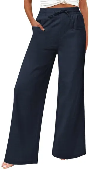 Linen Beach Pants Women Casual Summer High Waisted Wide Leg Pants with Pockets Lightweight Flowy Boho Trousers
