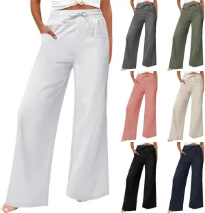 Linen Beach Pants Women Casual Summer High Waisted Wide Leg Pants with Pockets Lightweight Flowy Boho Trousers