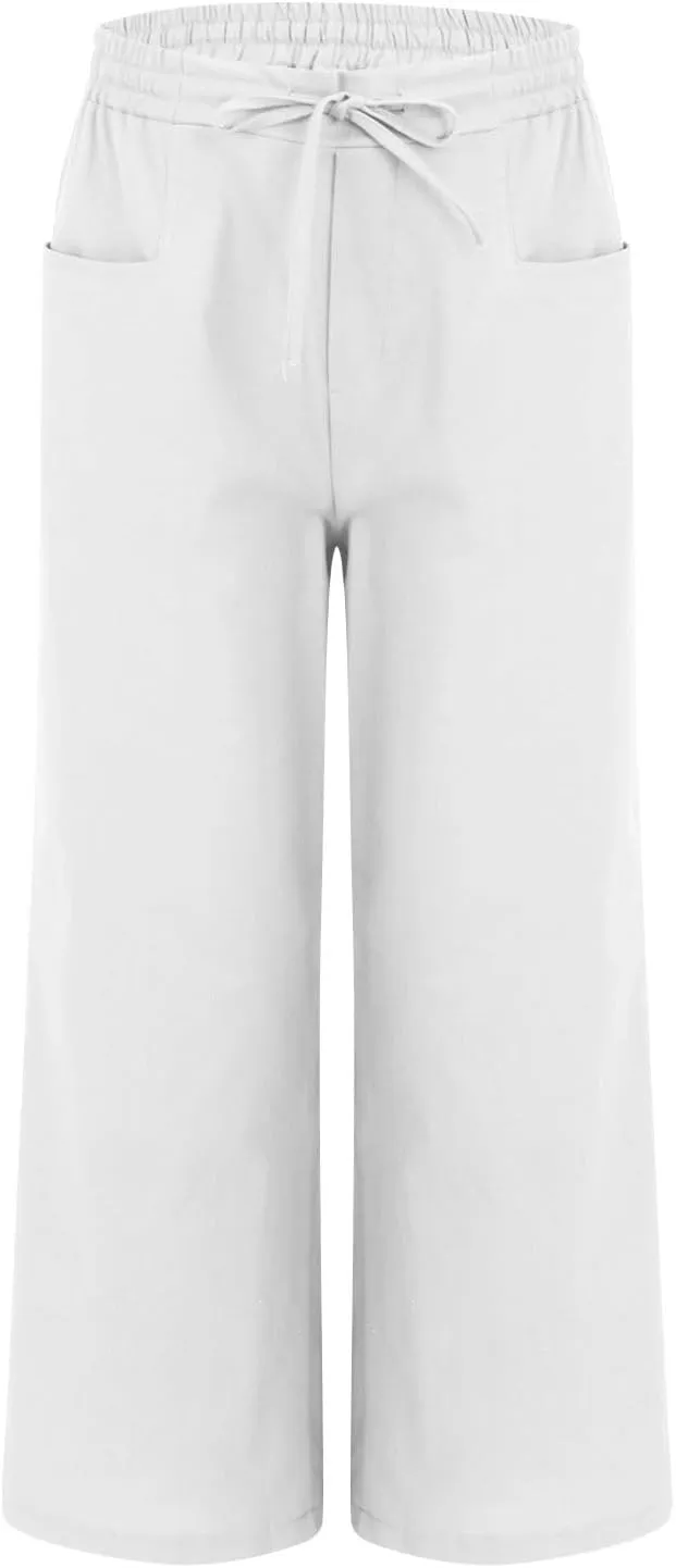 Linen Beach Pants Women Casual Summer High Waisted Wide Leg Pants with Pockets Lightweight Flowy Boho Trousers
