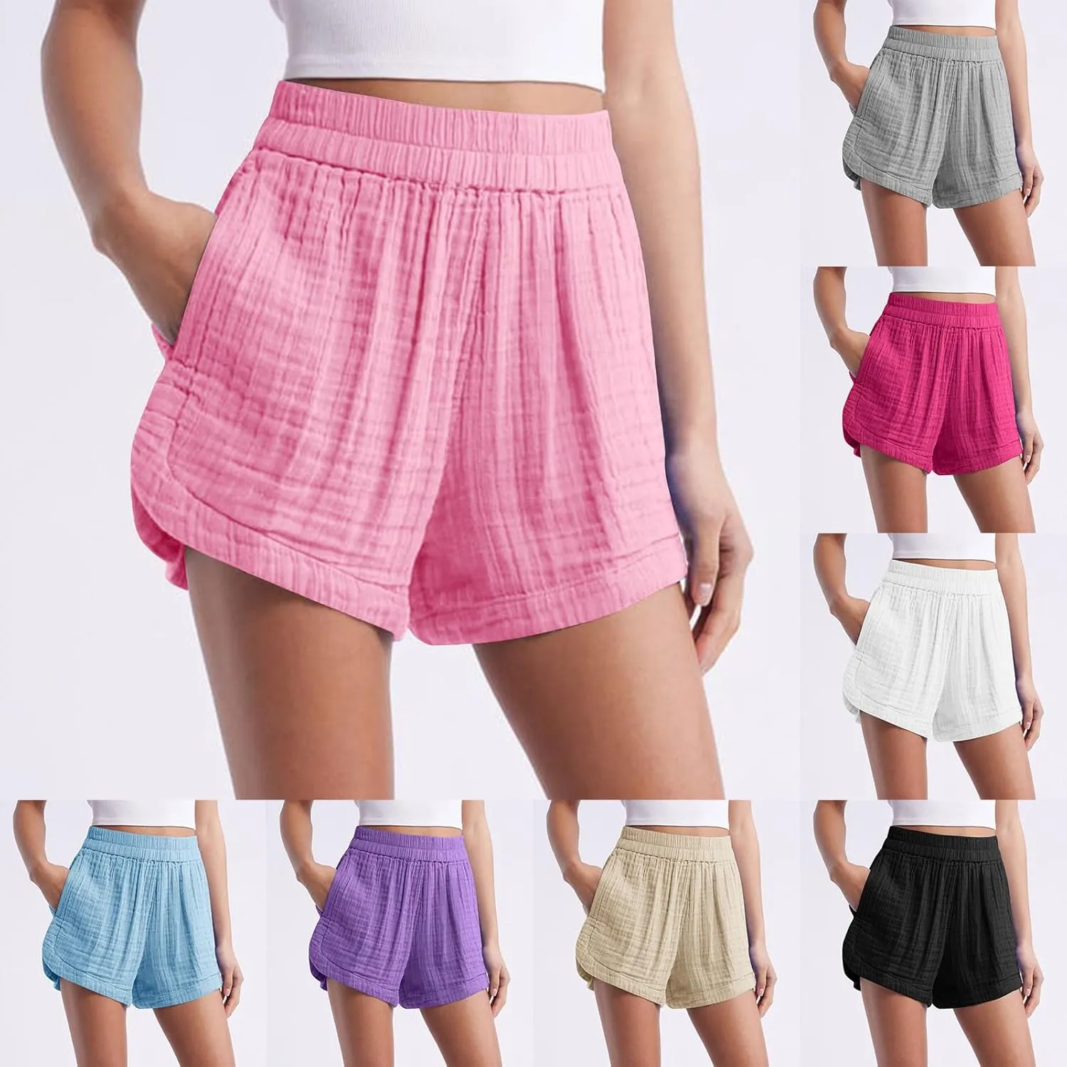 Linen Boxer Shorts for Women Comfy Summer Elastic Waist Pjs Bottoms Loose Sleepwear Lounge Pajama Shorts with Pockets