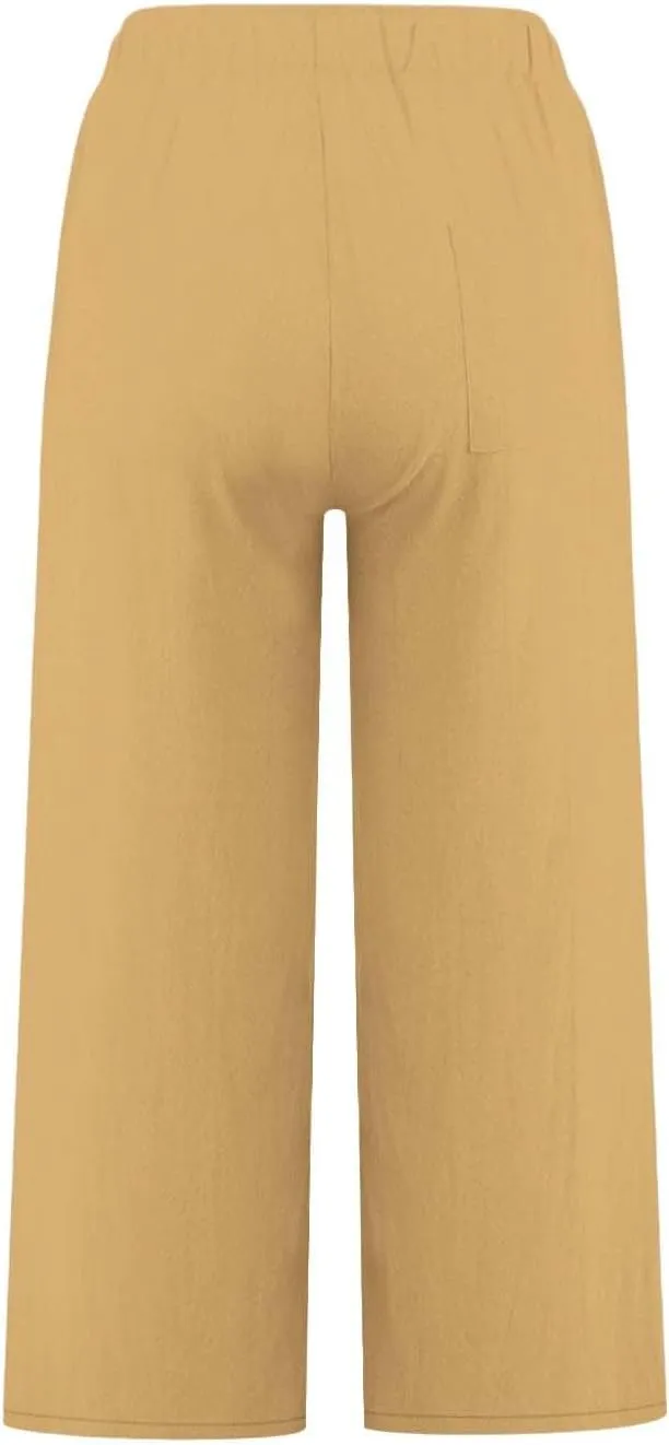 Linen Capri Pants for Women Casual Summer Wide Leg Pants High Waisted Drawstring Palazzo Lightweight Beach Capris