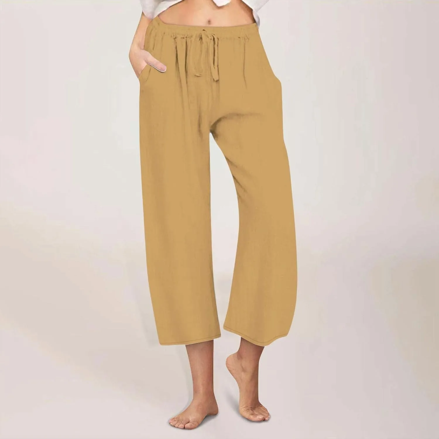 Linen Capri Pants for Women Casual Summer Wide Leg Pants High Waisted Drawstring Palazzo Lightweight Beach Capris