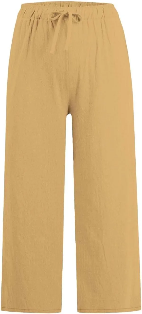 Linen Capri Pants for Women Casual Summer Wide Leg Pants High Waisted Drawstring Palazzo Lightweight Beach Capris