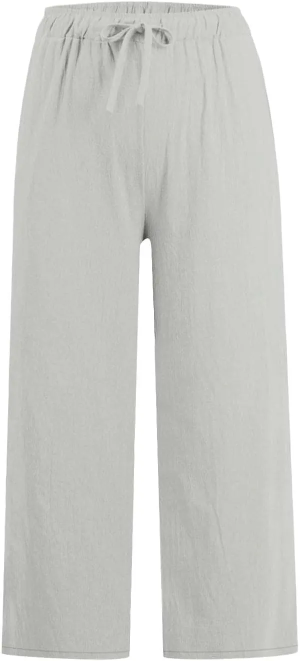 Linen Capri Pants for Women Casual Summer Wide Leg Pants High Waisted Drawstring Palazzo Lightweight Beach Capris