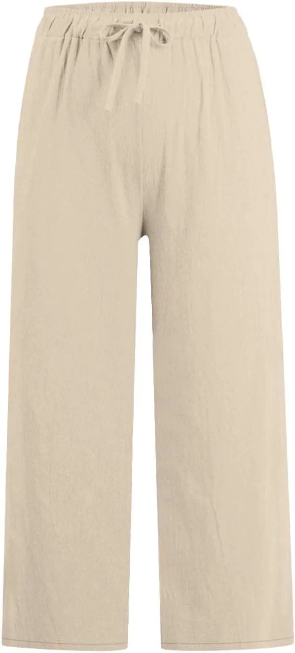 Linen Capri Pants for Women Casual Summer Wide Leg Pants High Waisted Drawstring Palazzo Lightweight Beach Capris