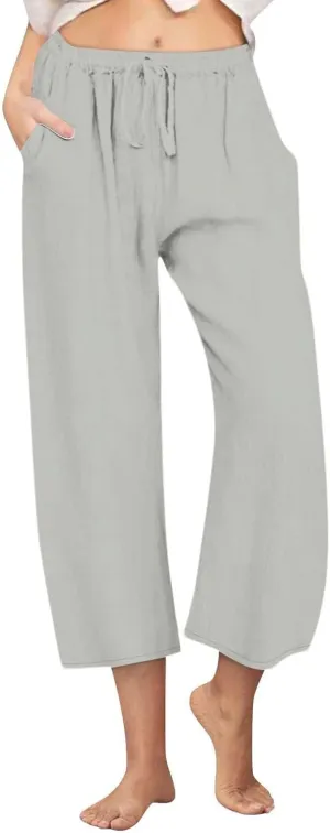 Linen Capri Pants for Women Casual Summer Wide Leg Pants High Waisted Drawstring Palazzo Lightweight Beach Capris