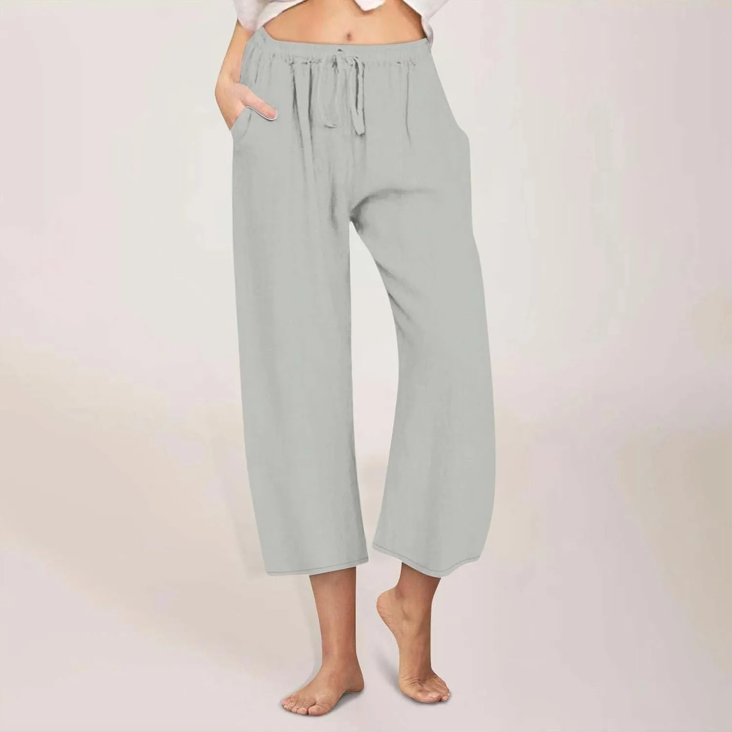Linen Capri Pants for Women Casual Summer Wide Leg Pants High Waisted Drawstring Palazzo Lightweight Beach Capris