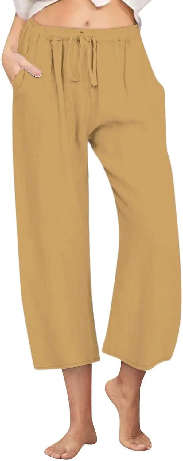 Linen Capri Pants for Women Casual Summer Wide Leg Pants High Waisted Drawstring Palazzo Lightweight Beach Capris