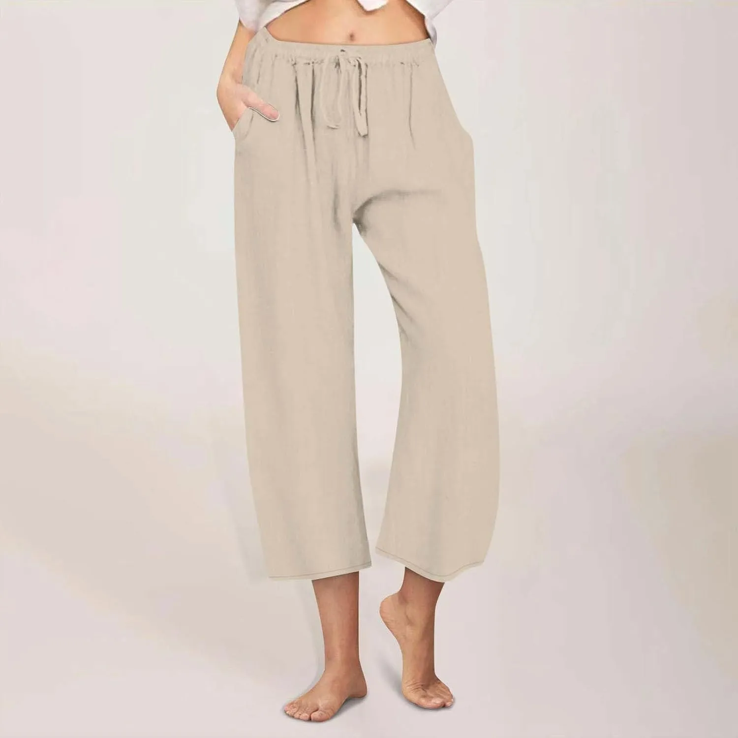 Linen Capri Pants for Women Casual Summer Wide Leg Pants High Waisted Drawstring Palazzo Lightweight Beach Capris