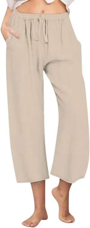 Linen Capri Pants for Women Casual Summer Wide Leg Pants High Waisted Drawstring Palazzo Lightweight Beach Capris