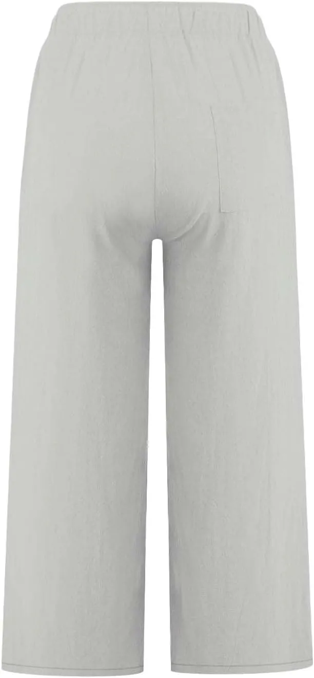 Linen Capri Pants for Women Casual Summer Wide Leg Pants High Waisted Drawstring Palazzo Lightweight Beach Capris