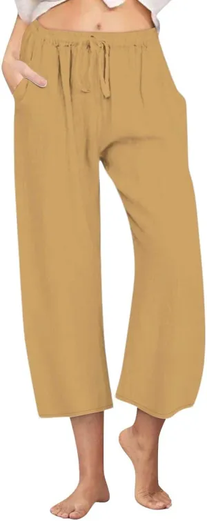 Linen Capri Pants for Women Casual Summer Wide Leg Pants High Waisted Drawstring Palazzo Lightweight Beach Capris
