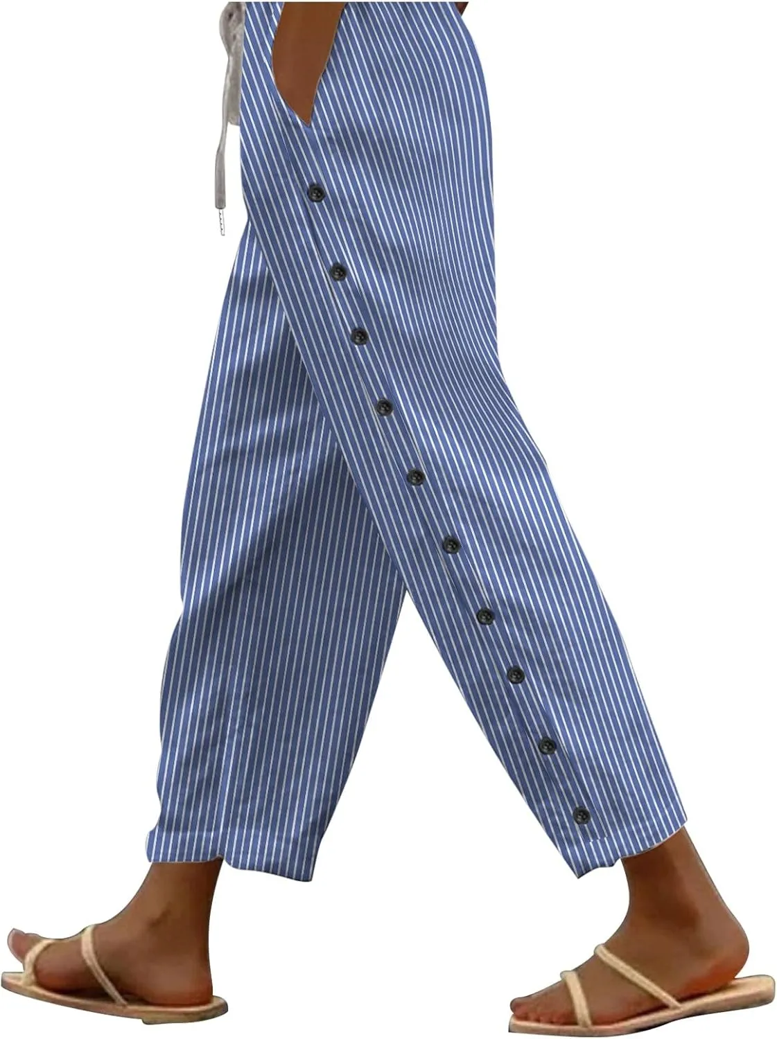 Linen Capris for Women Lightweight Summer Pants Drawstring Elastic Waisted Vacation Beach Linen Pants Casual Travel Trousers