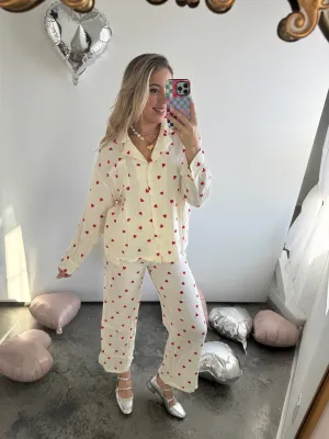 Linen Heart Pajama Set: Ivory