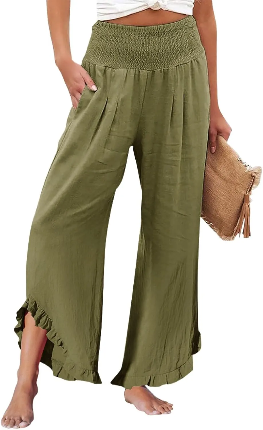 Linen Palazzo Pants for Women Smocked Waist Boho Wide Leg Trousers Baggy Ruffle Vacation Beach Pants with Pockets