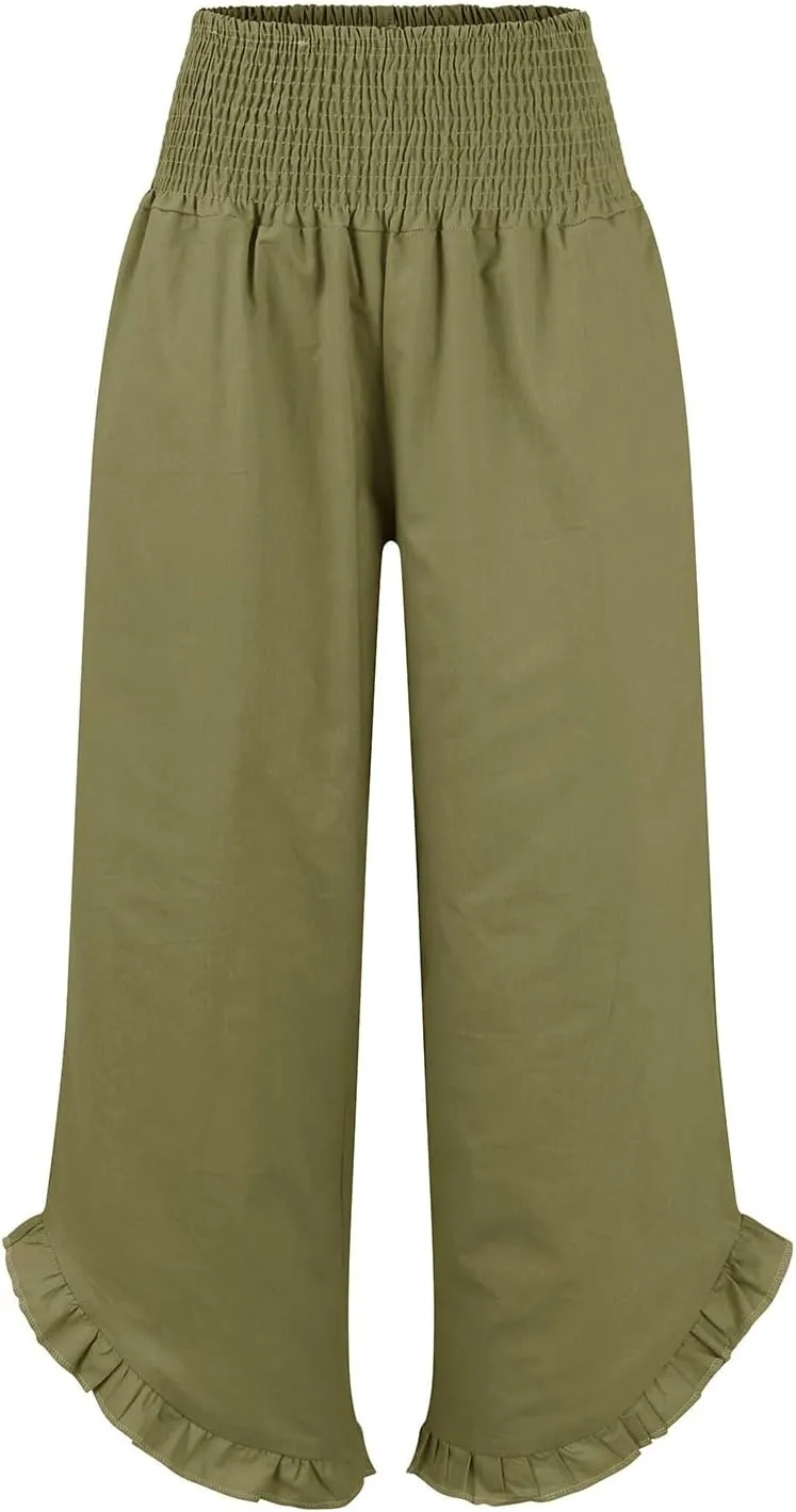 Linen Palazzo Pants for Women Smocked Waist Boho Wide Leg Trousers Baggy Ruffle Vacation Beach Pants with Pockets