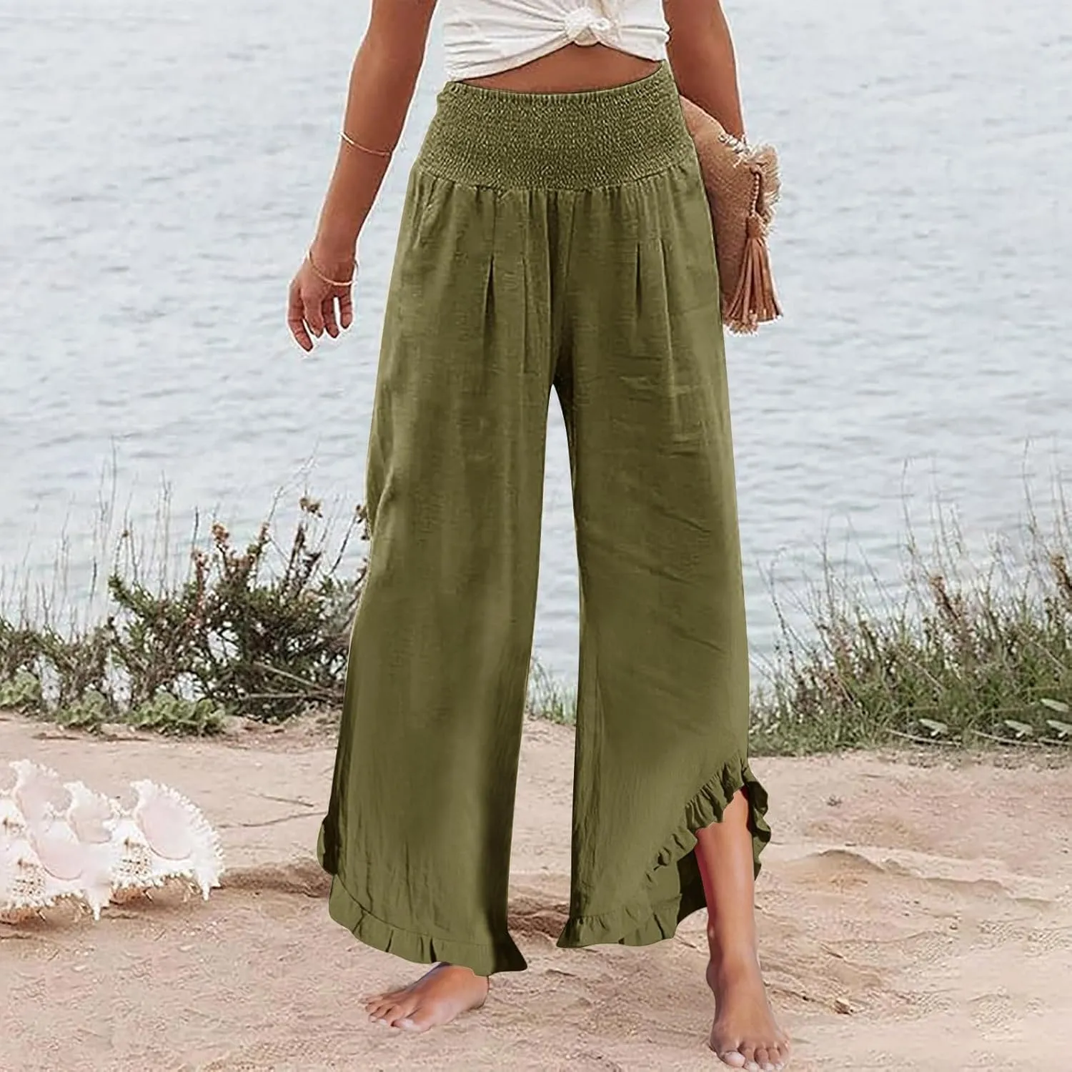 Linen Palazzo Pants for Women Smocked Waist Boho Wide Leg Trousers Baggy Ruffle Vacation Beach Pants with Pockets