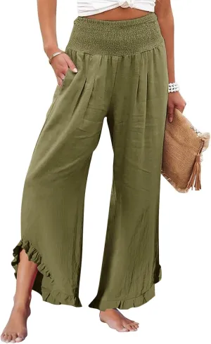 Linen Palazzo Pants for Women Smocked Waist Boho Wide Leg Trousers Baggy Ruffle Vacation Beach Pants with Pockets