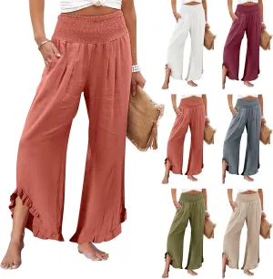 Linen Palazzo Pants for Women Smocked Waist Boho Wide Leg Trousers Baggy Ruffle Vacation Beach Pants with Pockets