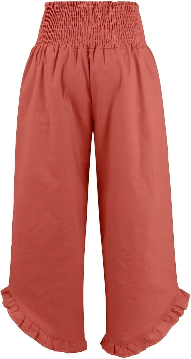 Linen Palazzo Pants for Women Smocked Waist Boho Wide Leg Trousers Baggy Ruffle Vacation Beach Pants with Pockets