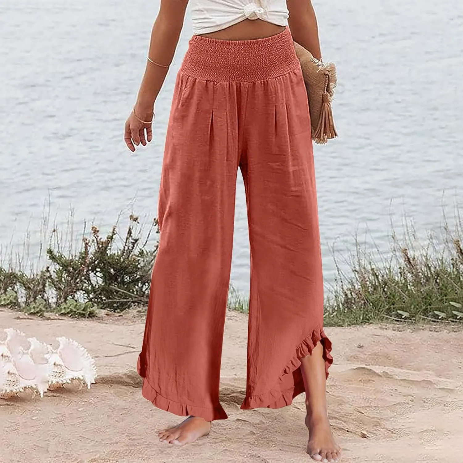 Linen Palazzo Pants for Women Smocked Waist Boho Wide Leg Trousers Baggy Ruffle Vacation Beach Pants with Pockets