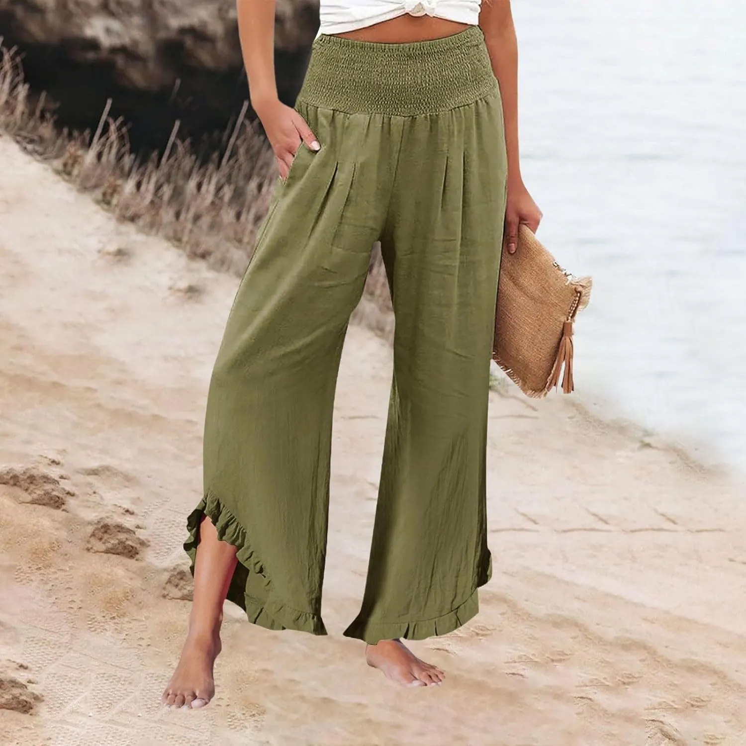 Linen Palazzo Pants for Women Smocked Waist Boho Wide Leg Trousers Baggy Ruffle Vacation Beach Pants with Pockets