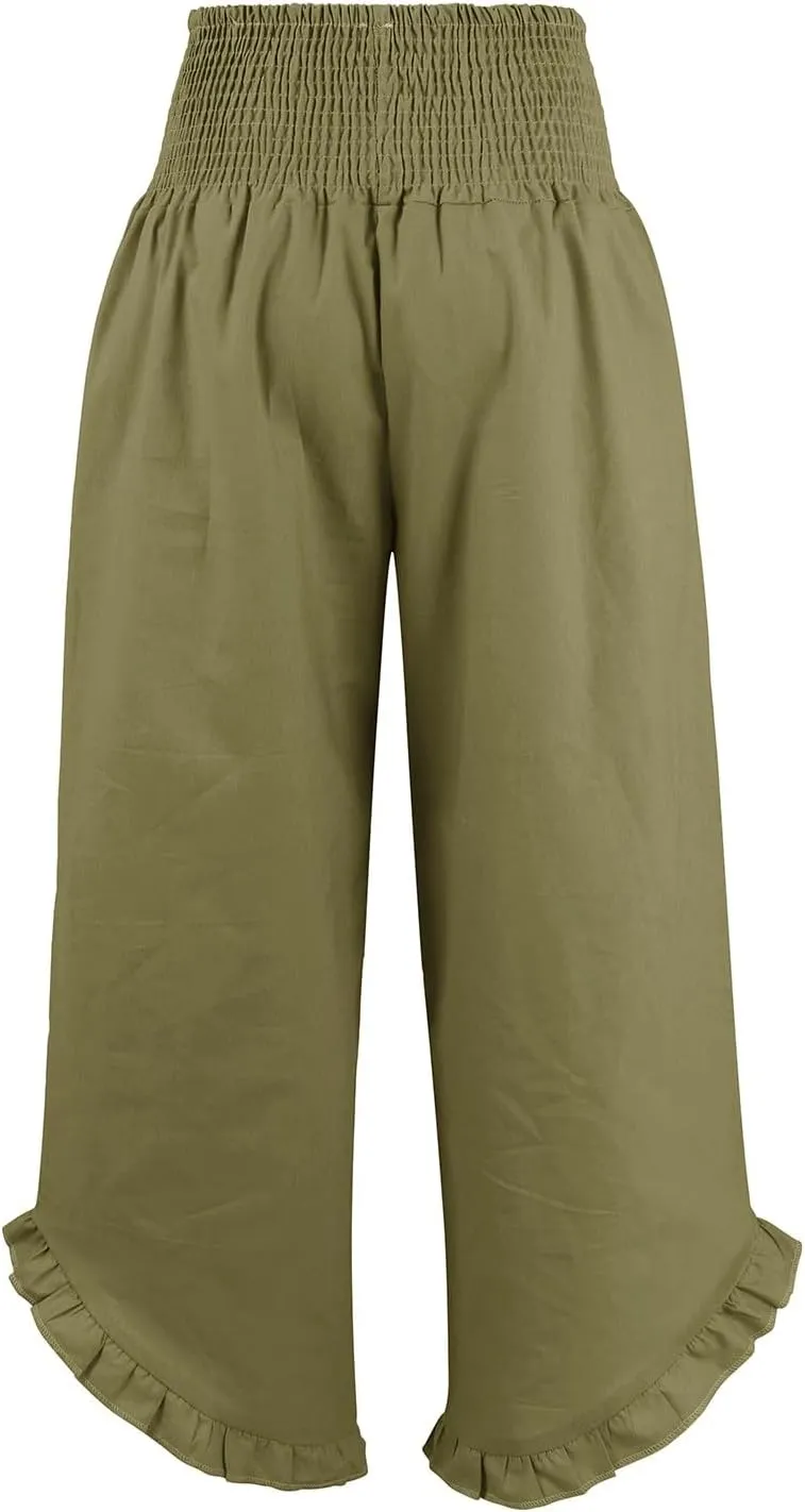 Linen Palazzo Pants for Women Smocked Waist Boho Wide Leg Trousers Baggy Ruffle Vacation Beach Pants with Pockets