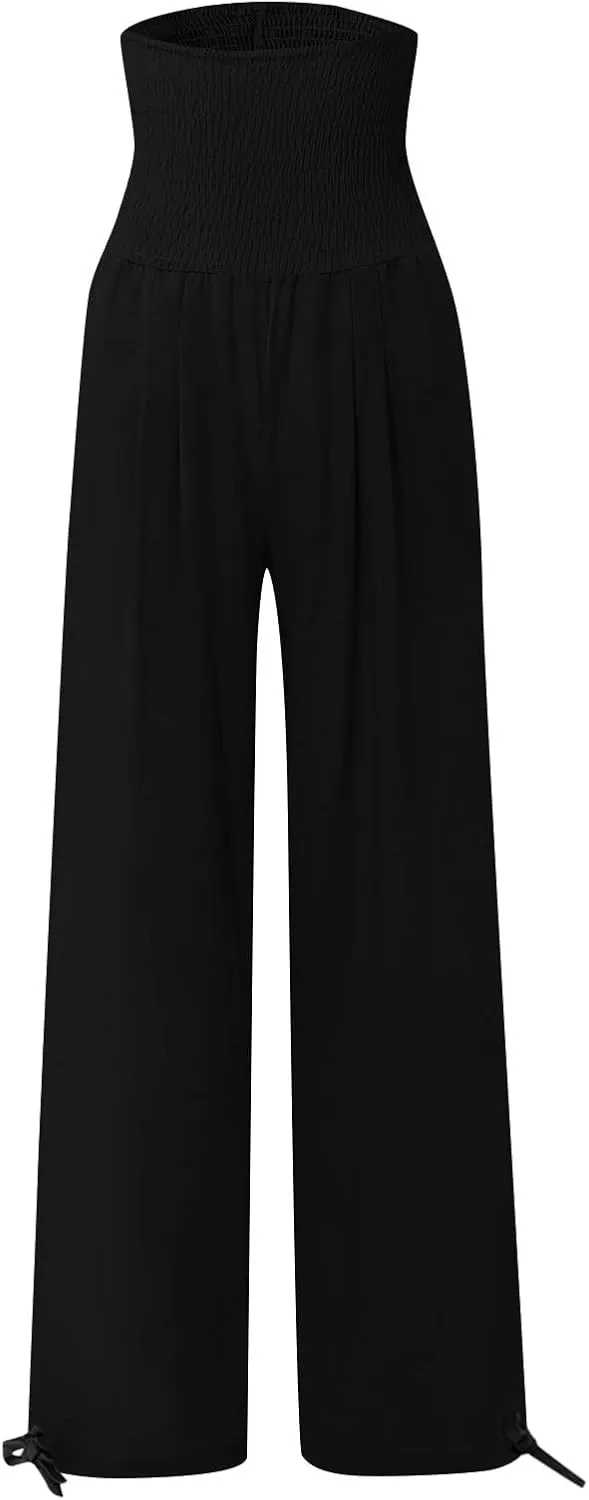 Linen Pants Women Summer High Waisted Cotton Linen Palazzo Pants Wide Leg Long Lounge Pants Work Trousers with Pocket
