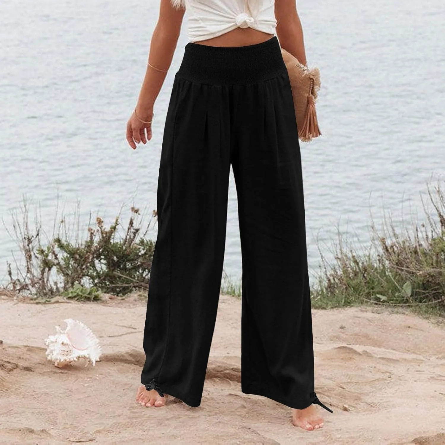 Linen Pants Women Summer High Waisted Cotton Linen Palazzo Pants Wide Leg Long Lounge Pants Work Trousers with Pocket