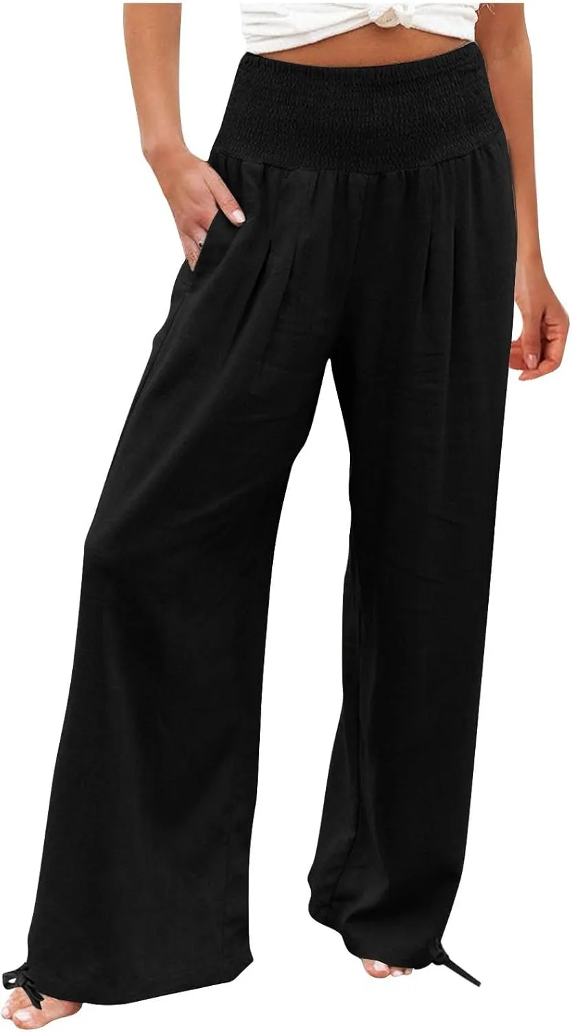 Linen Pants Women Summer High Waisted Cotton Linen Palazzo Pants Wide Leg Long Lounge Pants Work Trousers with Pocket