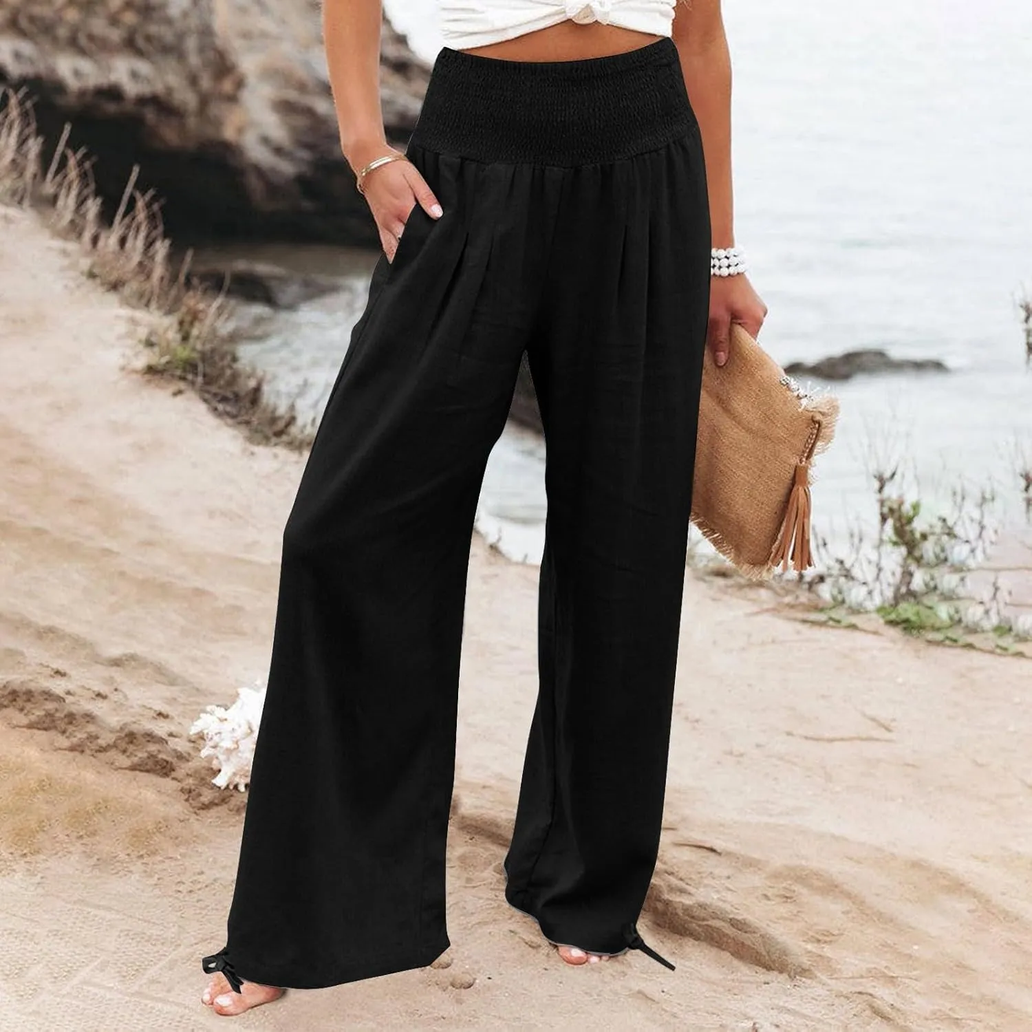 Linen Pants Women Summer High Waisted Cotton Linen Palazzo Pants Wide Leg Long Lounge Pants Work Trousers with Pocket