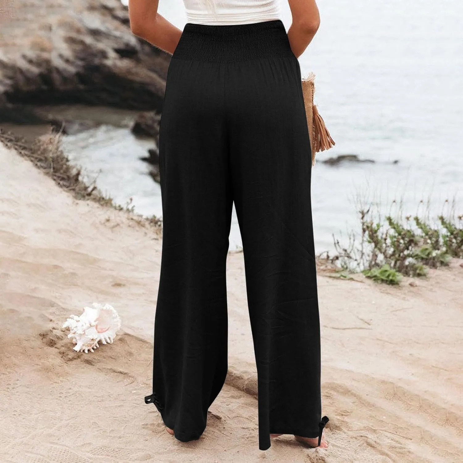 Linen Pants Women Summer High Waisted Cotton Linen Palazzo Pants Wide Leg Long Lounge Pants Work Trousers with Pocket