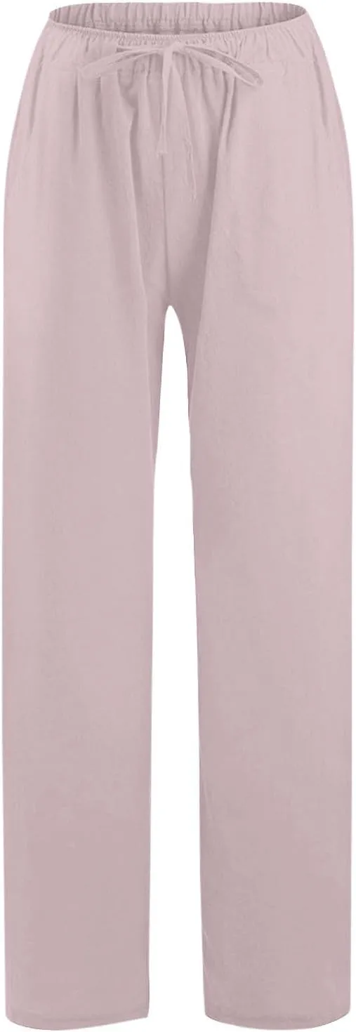 Linen Pants Women Summer Wide Leg Pants Drawstring Elastic Waist Pants High Waisted Lounge Pants Casual Beach Trousers